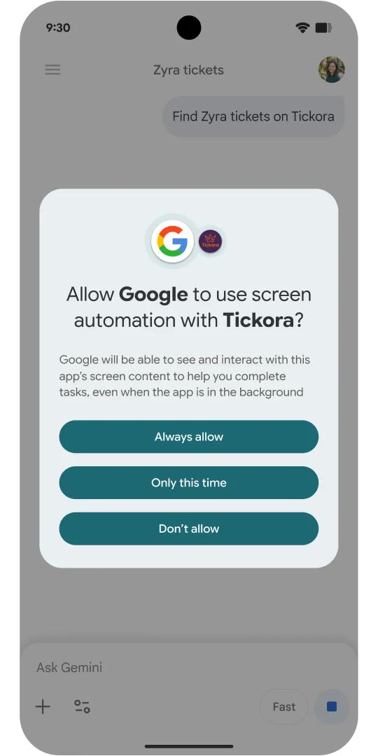 Gemini에 티켓 예매를 맡기자 안드로이드에 뜬 Tickora 앱 화면 자동화 허용 요청 창과 항상 허용, 이번만 허용, 허용 안 함 버튼