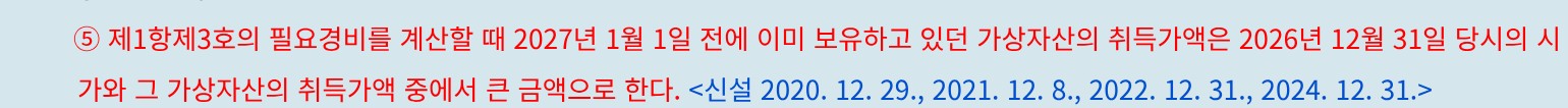국가법령정보센터 소득세법 제37조 ⑤항을 캡처했어요. 「제1항제3호의 필요경비를 계산할 때 2027년 1월 1일 전에 이미 보유하고 있던 가상자산의 취득가액은 2026년 12월 31일 당시의 시가와 그 가상자산의 취득가액 중에서 큰 금액으로 한다.」라고 적혀 있고, 끝에 「신설 2020. 12. 29., 2021. 12. 8., 2022. 12. 31., 2024. 12. 31.」이 붙어 있어요.