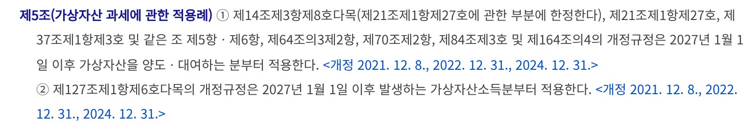 국가법령정보센터 소득세법 부칙 제5조(가상자산 과세에 관한 적용례)를 캡처했어요. ①항은 관련 개정규정을 2027년 1월 1일 이후 가상자산을 양도·대여하는 분부터 적용한다는 내용이고, ②항은 2027년 1월 1일 이후 발생하는 가상자산소득분부터 적용한다는 내용이에요. 두 항 모두 끝에 「개정 2021. 12. 8., 2022. 12. 31., 2024. 12. 31.」이 붙어 있어요.