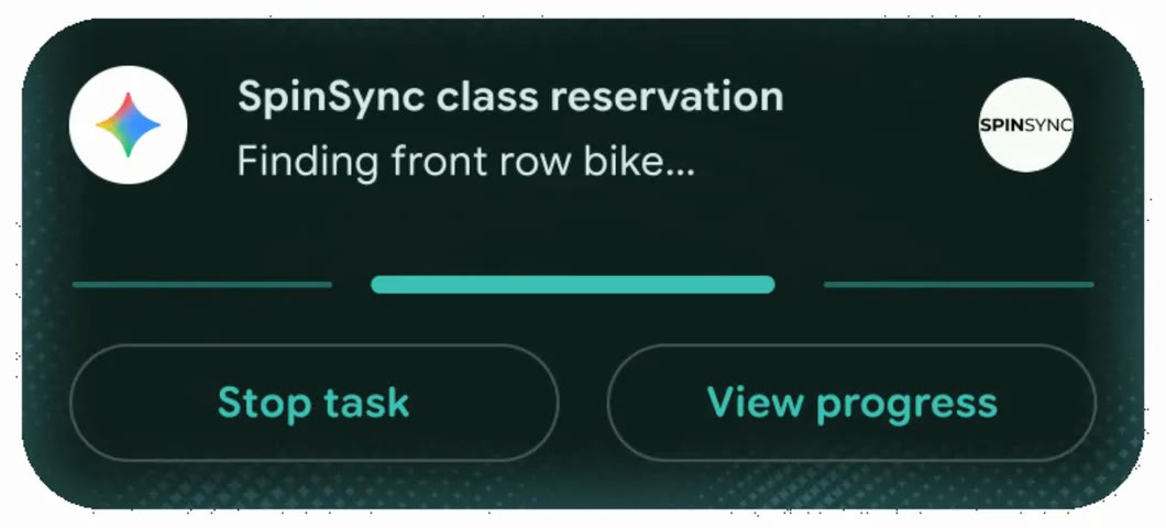 Gemini가 SpinSync 수업 예약을 진행하는 동안 Stop task와 View progress 버튼이 함께 뜬 안드로이드 알림