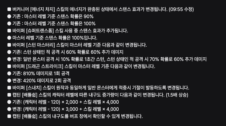 메이플플래닛 2026.08.28 패치노트의 버커니어 에너지 차지 스탠스(90% → 100%), 바이퍼 슈퍼트랜스폼·스턴 마스터리·드래곤 스트라이크(810% 1회 → 420% 2회)·스내치, 캡틴 배틀쉽 내구도 변경 문구