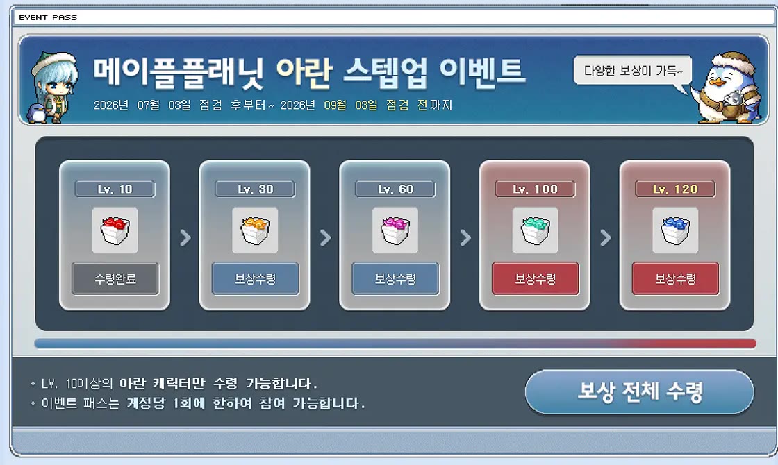 아란 스텝업 이벤트 패스 화면. Lv.10, 30, 60, 100, 120 다섯 단계 보상 칸과 Lv.10 이상 아란 캐릭터만 받을 수 있다는 안내