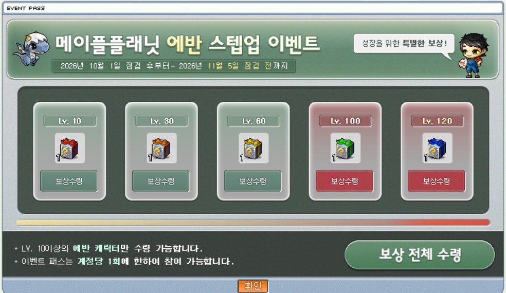 메이플플래닛 이벤트 734번 이미지에서 에반 스텝업 창 부분을 잘라낸 부분. 위쪽에 '메이플플래닛 에반 스텝업 이벤트', '2026년 10월 1일 점검 후부터~ 2026년 11월 5일 점검 전까지'라고 적혀 있고, 오른쪽 말풍선에 '성장을 위한 특별한 보상!'이 있습니다. 가운데에 Lv. 10, Lv. 30, Lv. 60, Lv. 100, Lv. 120 다섯 칸이 있고 칸마다 색이 다른 보상 상자 1개와 '보상수령' 버튼이 있습니다. Lv. 100과 Lv. 120 칸은 붉은색입니다. 아래에 'LV. 10이상의 에반 캐릭터만 수령 가능합니다', '이벤트 패스는 계정당 1회에 한하여 참여 가능합니다'라는 안내와 '보상 전체 수령' 버튼이 있습니다.