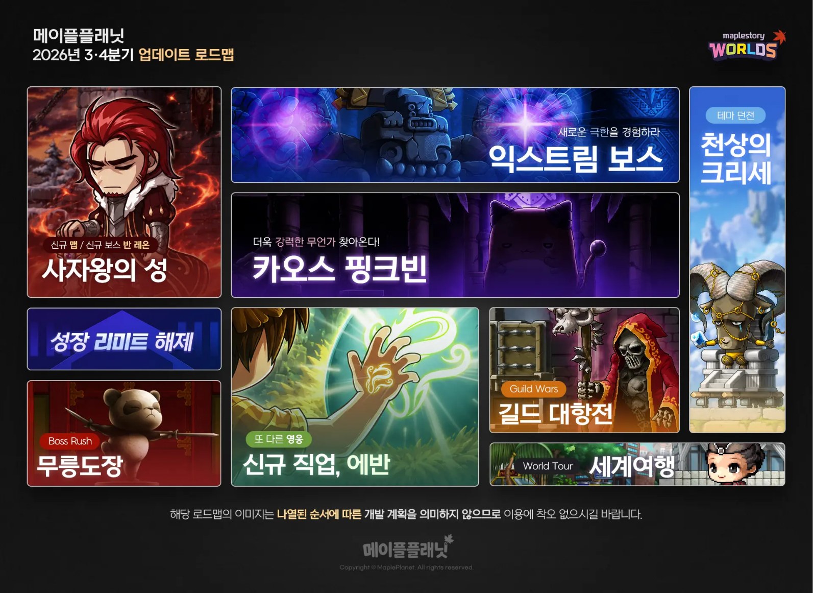 메이플플래닛이 2026년 7월 21일 공지사항에 올린 「2026년 3·4분기 업데이트 로드맵」 이미지. 사자왕의 성, 익스트림 보스, 카오스 핑크빈, 성장 리미트 해제, 무릉도장, 신규 직업 에반, 길드 대항전, 세계여행, 그리고 '테마 던전' 표시가 붙은 천상의 크리세까지 아홉 칸이 배치돼 있고, 아래에 '해당 로드맵의 이미지는 나열된 순서에 따른 개발 계획을 의미하지 않으므로 이용에 착오 없으시길 바랍니다'라는 문구가 적혀 있습니다.