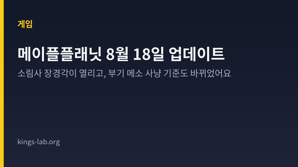 메이플플래닛 8월 18일 업데이트의 소림사 장경각과 메소 배율 변경을 정리한 King's Lab 타이틀 카드