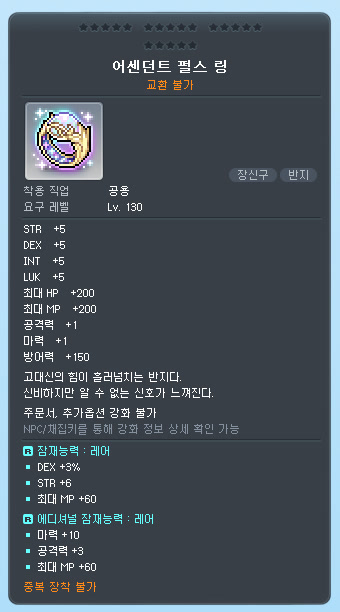 어센던트 펄스 링 아이템 정보 창. 교환 불가, 착용 직업 공용, 요구 레벨 130이고 STR·DEX·INT·LUK 각 +5, 최대 HP·MP 각 +200, 공격력·마력 각 +1, 방어력 +150이 적혀 있다. 그 아래에 「주문서, 추가옵션 강화 불가」 문구, 레어 잠재능력(DEX +3%, STR +6, 최대 MP +60)과 레어 에디셔널 잠재능력(마력 +10, 공격력 +3, 최대 MP +60), 맨 아래 「중복 장착 불가」가 있다