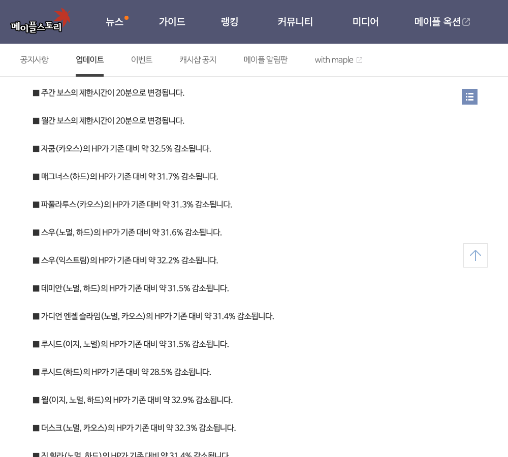 넥슨 메이플스토리 공식 업데이트 게시판 — 보스 개편 항목 HP 감소율 목록 화면