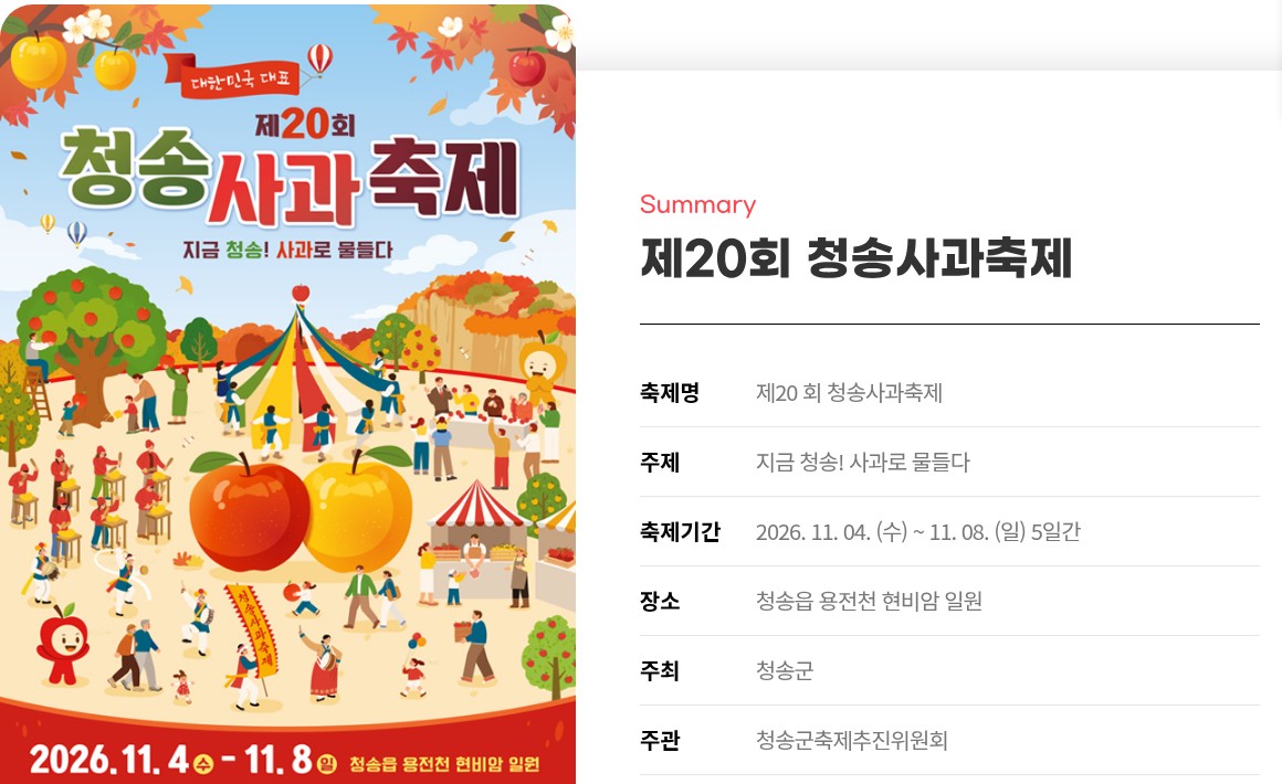 청송사과축제 공식 홈페이지 축제개요 페이지를 캡처했어요. 왼쪽에 사과와 천막이 그려진 포스터가 있고, 오른쪽에 제20회 청송사과축제, 축제기간 2026. 11. 04.(수)~11. 08.(일) 5일간, 장소 청송읍 용전천 현비암 일원이 적혀 있어요.