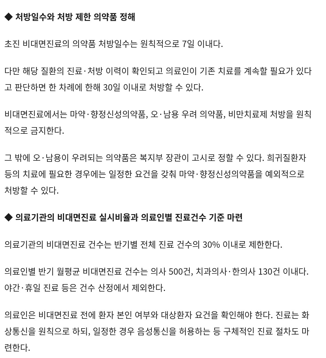 대한민국 정책브리핑 같은 기사의 「◆ 처방일수와 처방 제한 의약품 정해」와 「◆ 의료기관의 비대면진료 실시비율과 의료인별 진료건수 기준 마련」 부분을 캡처했어요. 초진 처방일수는 원칙적으로 7일 이내이고, 진료·처방 이력이 확인되고 의료인이 기존 치료를 계속할 필요가 있다고 판단하면 한 차례에 한해 30일 이내로 처방할 수 있다고 적혀 있어요. 마약·향정신성의약품, 오·남용 우려 의약품, 비만치료제 처방은 원칙적으로 금지하고, 의료기관의 비대면진료는 반기별 전체 진료의 30% 이내, 의사는 반기 월평균 500건·치과의사와 한의사는 130건 이내이며 야간·휴일 진료는 건수에서 뺀다는 내용, 화상통신이 원칙이라는 내용이 이어져요.