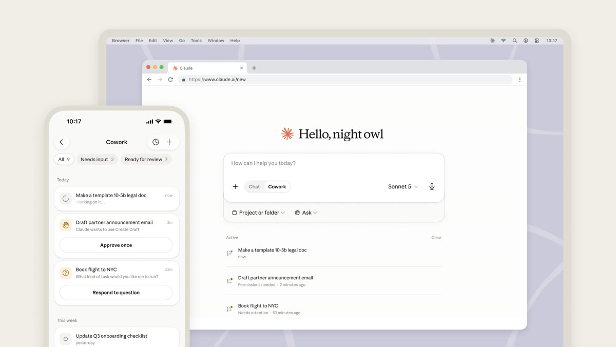 웹 브라우저와 휴대폰에서 함께 열린 Claude Cowork 작업 목록 화면