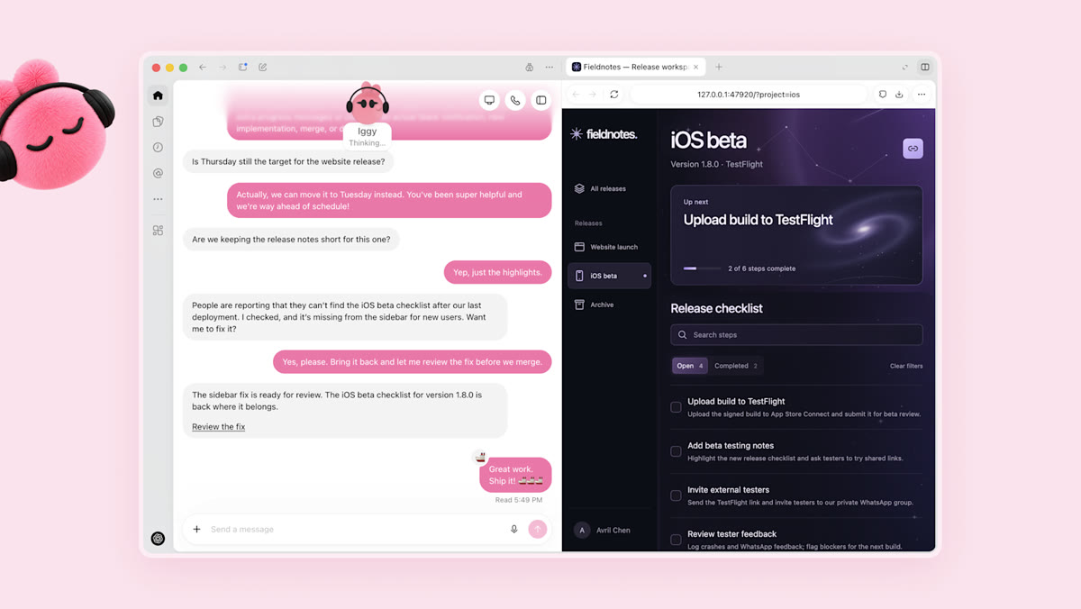 분홍색 dot이 왼쪽 대화창에서 사용자와 이야기하며 오른쪽 자기 브라우저 창에 iOS 베타 릴리스 체크리스트를 띄워 둔 화면