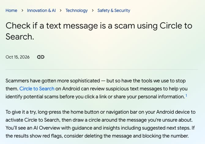 구글 블로그 「Check if a text message is a scam using Circle to Search.」 글을 캡처했어요. 2026년 10월 15일 날짜와, 홈 버튼이나 내비게이션 바를 길게 누른 뒤 메시지에 동그라미를 그리면 AI 개요가 안내해 준다는 설명이 보여요.