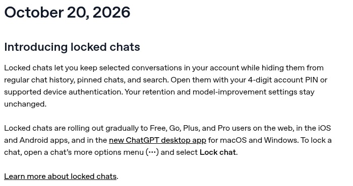오픈AI 도움말 센터 챗GPT 출시 노트에서 2026년 10월 20일 「Introducing locked chats」 부분을 캡처했어요. 고른 대화를 기록·고정 목록·검색에서 숨기고, 네 자리 계정 PIN이나 기기 인증으로 연다는 설명이 보여요.