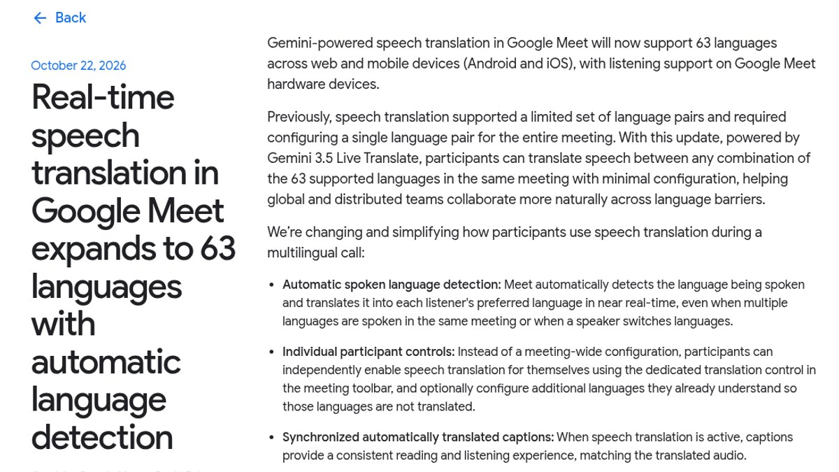 구글 워크스페이스 업데이트 블로그 「Real-time speech translation in Google Meet expands to 63 languages with automatic language detection」 글을 캡처했어요. 2026년 10월 22일 날짜와, 제미나이 3.5 라이브 번역으로 63개 언어를 어떤 조합으로든 통역하고 말하는 언어를 자동으로 알아낸다는 설명이 보여요.